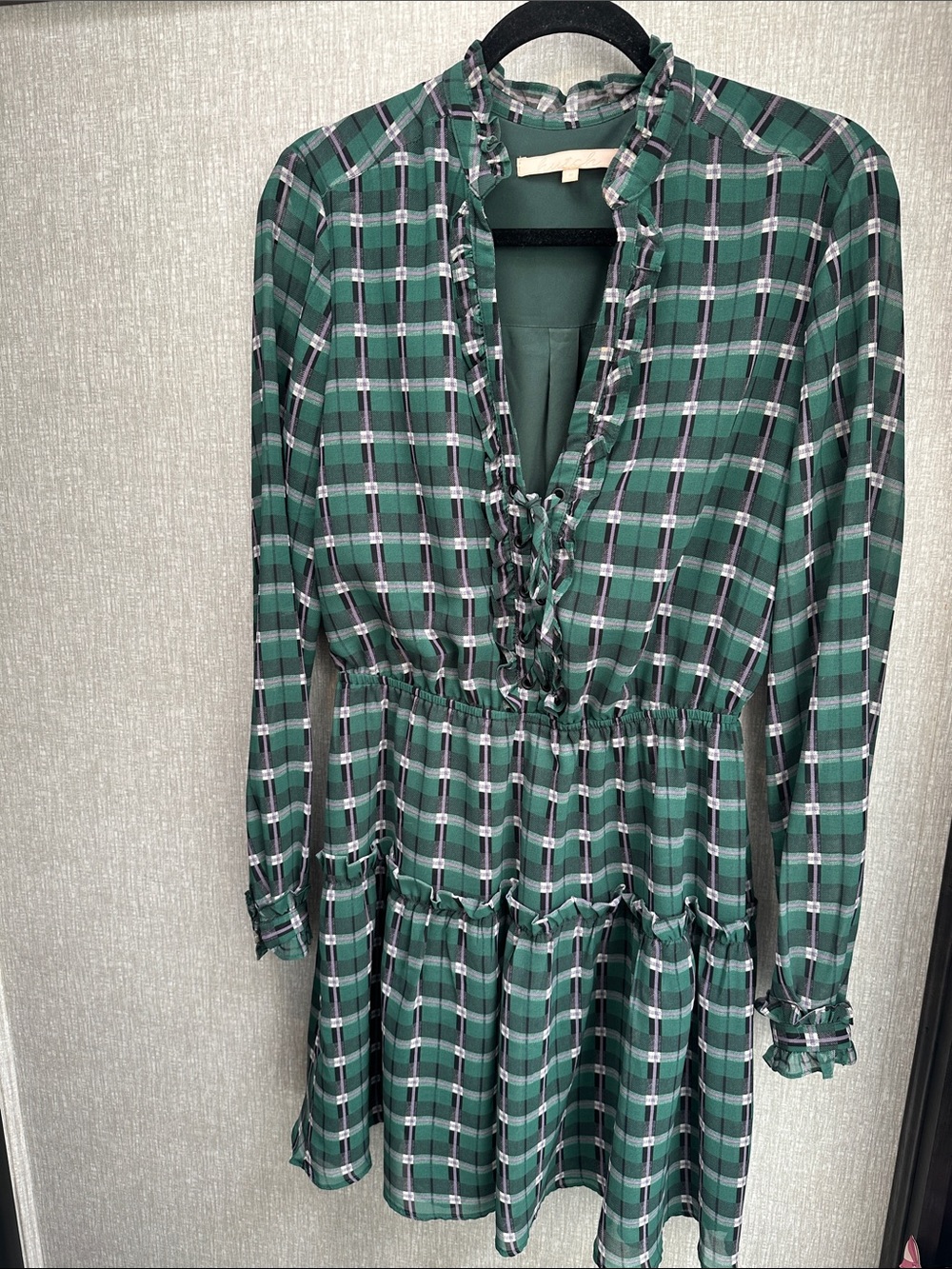 Hutch Green Plaid Ruffle-Tier Long Sleeve Dress